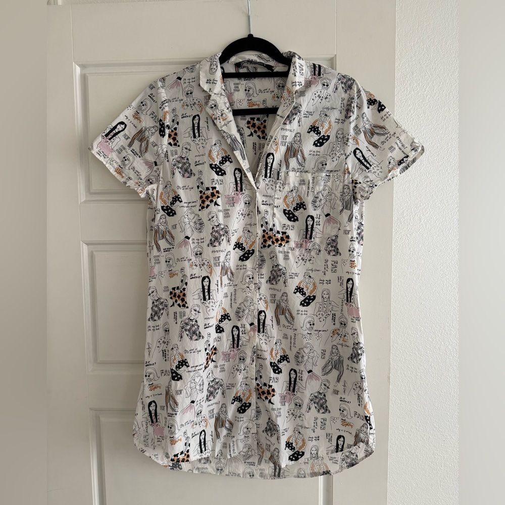 Zara White Collared Button Down Short Sleeve Mini Short Dress Graphic Print XS